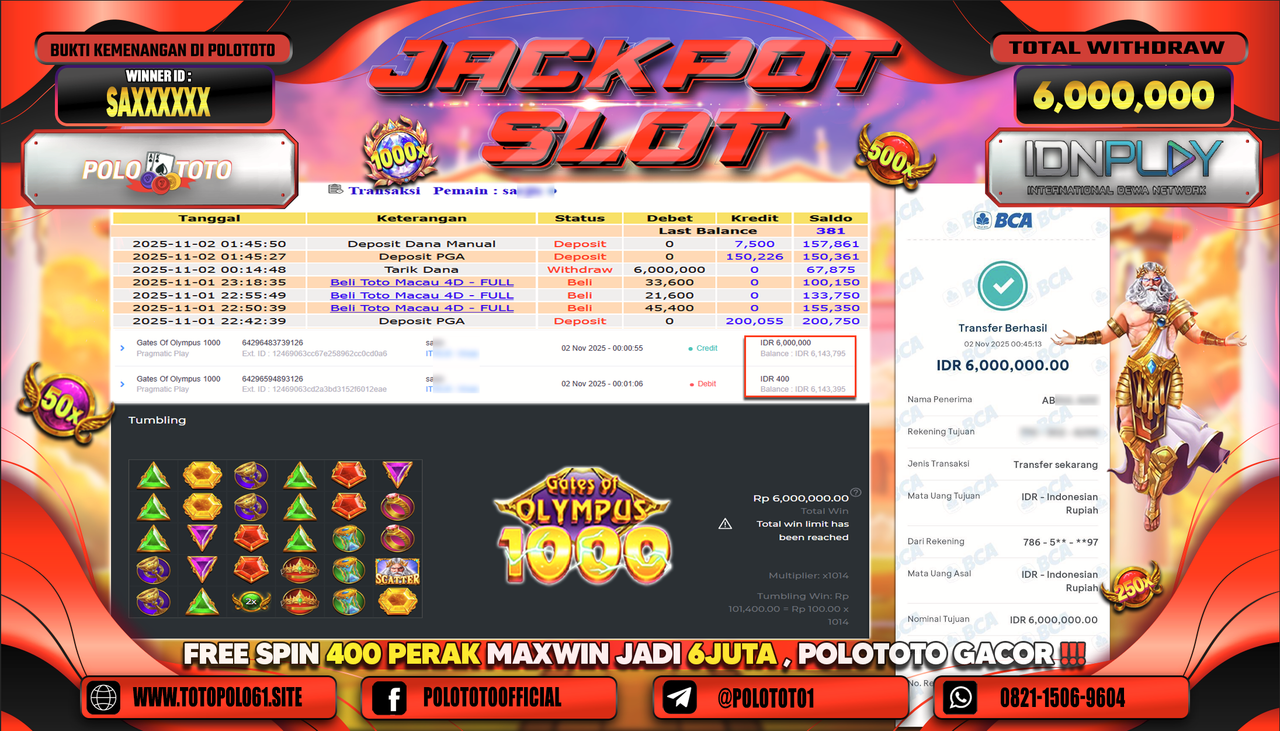 POLOTOTO JACKPOT SLOT GATES OF OLYMPUS 1000 Rp.6.000.000,- LUNAS