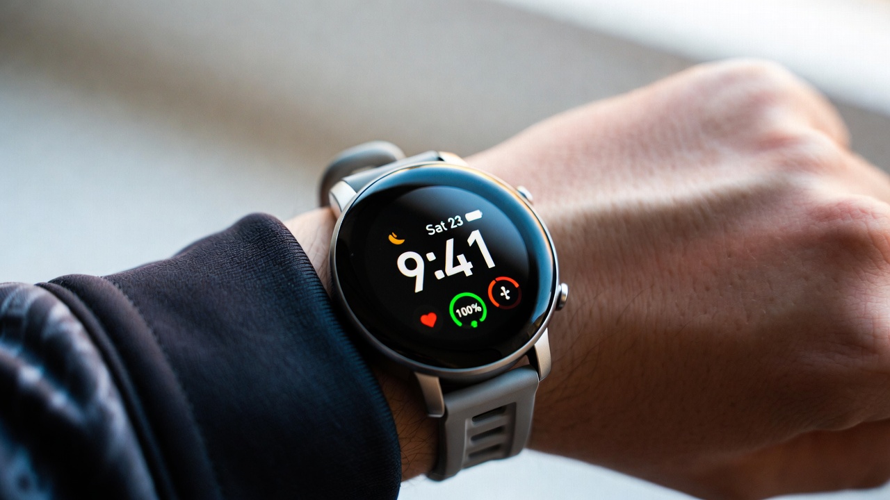 Amazfit Bip 3 smartwatch on a wrist showing always-on transflective display