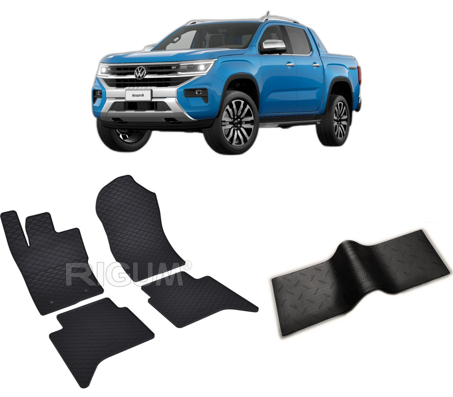 Set covorase auto VOLKSWAGEN AMAROK din 2022-PREZENT, cu covoras tunel median, CAROSERIE PICK-UP, Presuri cauciuc 100%, compatibil cu autoturismul VOLKSWAGEN AMAROK, Rigum