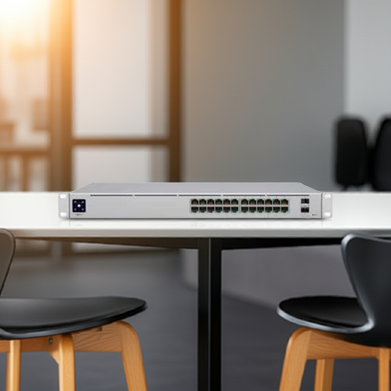 Close-up das portas SFP+ de 10Gbps do switch