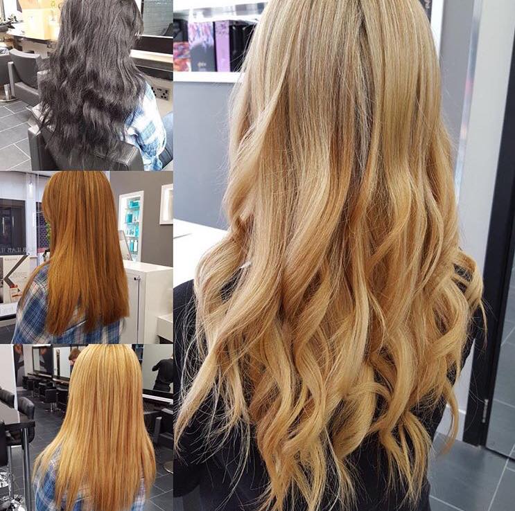 Brown to blonde hair color change in a hairdressing salon