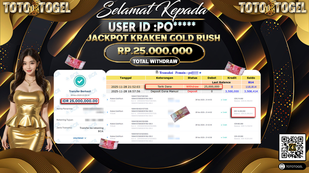 Bukti Pembayaran Jackpot Permainan Slot Kraken Gold Rush ID:PO***** LUNAS