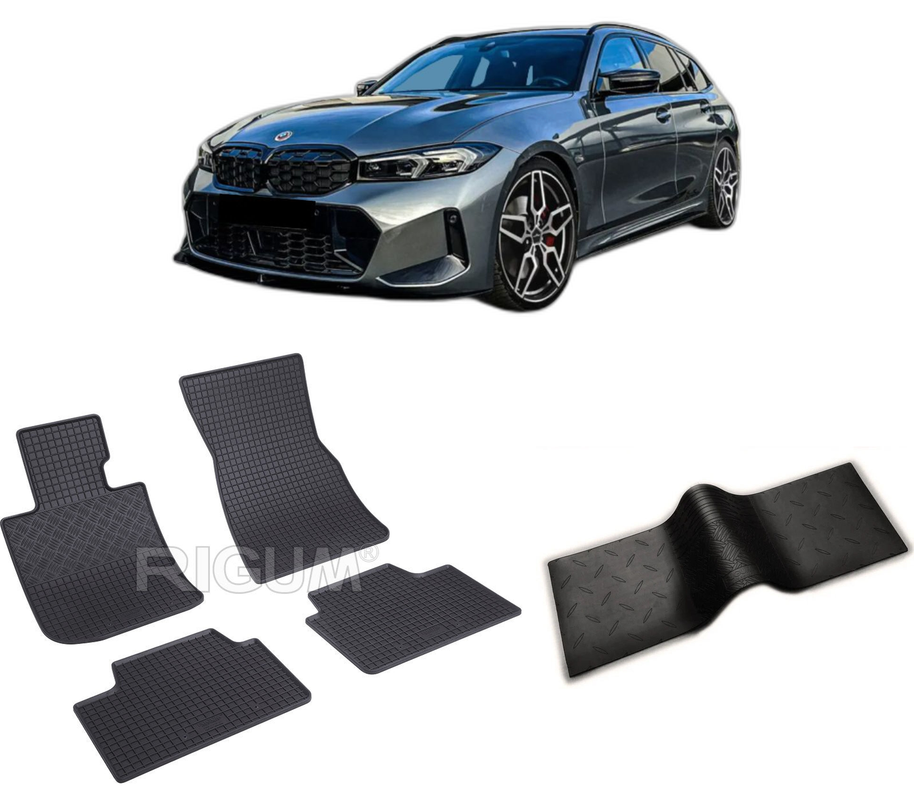Set covorase auto BMW SERIA 3 G21 TOURING PHEV din 07.2019-PREZENT, cu covoras tunel median, CAROSERIE COMBI, Presuri cauciuc 100%, compatibil cu autoturismul BMW SERIA 3 G21 TOURING PHEV, Rigum