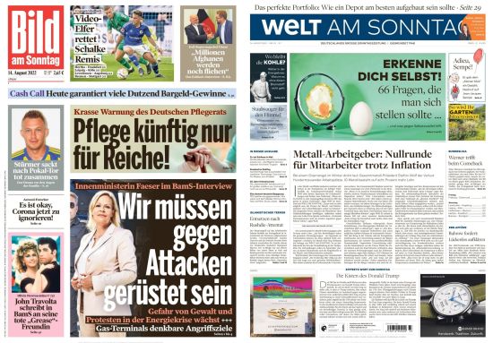 Cover: Bild und Welt am Sonntag No 33 vom 14 August 2022 Cover: Bild und Welt am Sonntag No 33 vom 14 August 2022