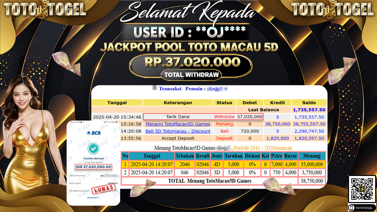 Bukti Pembayaran Jackpot  Permainan Togel Pool Toto Macau 5D ID:**OJ**** LUNAS