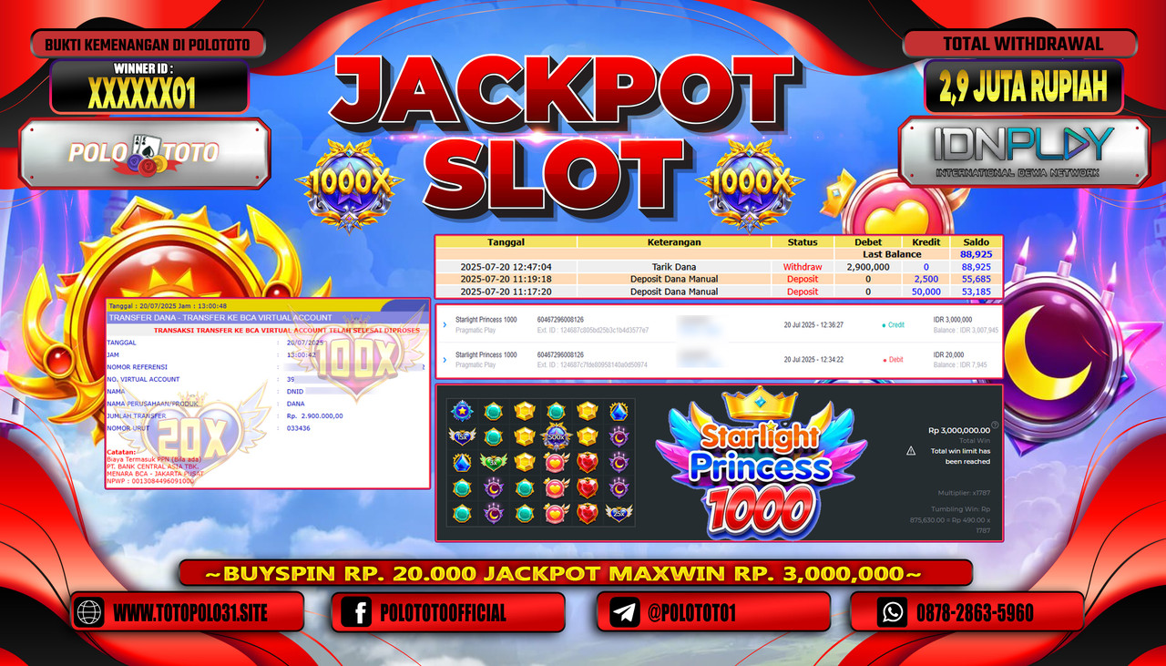 POLOTOTO JACKPOT SLOT STARLIGHT PRINCESS 1000 Rp.2.900.000,- LUNAS