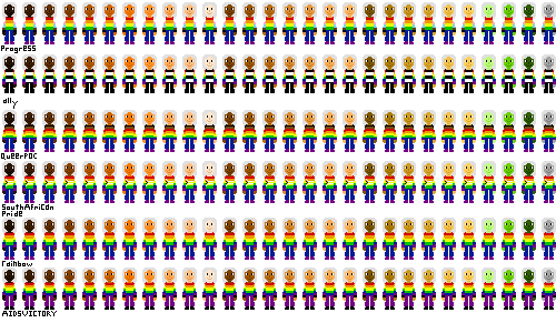 a row of people with pride flag shirts and light gray hair