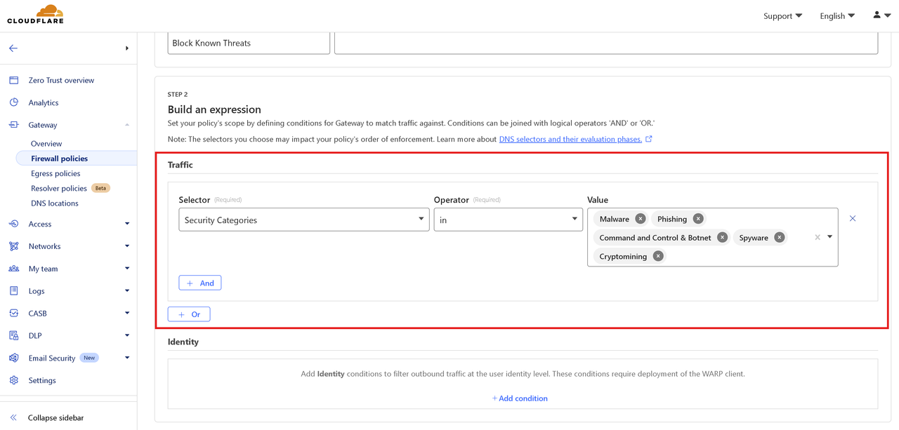 Cloudflare DNS policy configuration screen for blocking security categories like Malware and Phishing.