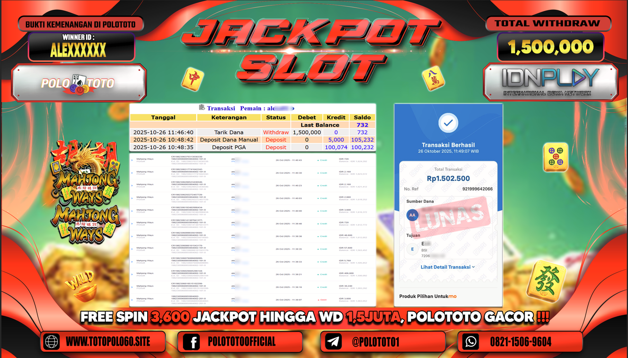 POLOTOTO JACKPOT SLOT MAHJONG WAYS Rp.1.500.000,- LUNAS