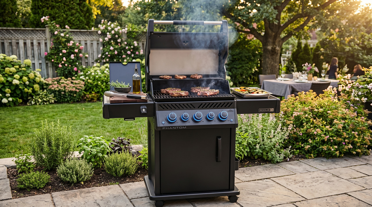Parrilla de gas propano Napoleon Phantom Rogue PRO 425 en acabado negro mate instalado en patio exterior