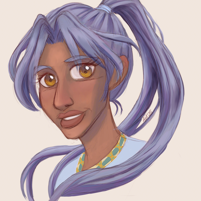 Tzadkiel, a brown skinned angel with a high purple ponytail and a blue shirt with a decorated collar, looks at a viewer with a soft smile.