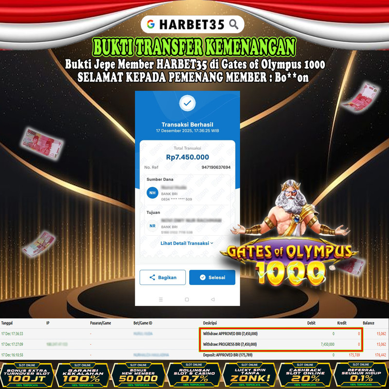 HARBET35 JEPE! Gates of Olympus 1000 Rp 7.455.000,- LUNAS!