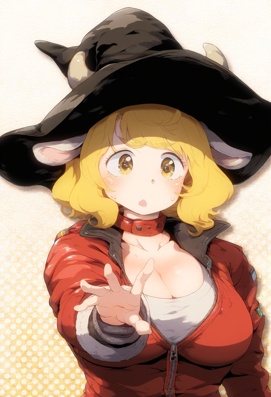 1girl, 1970s (style), polka dot background, portrait, cow ears, cow horns, yello s-3078242800