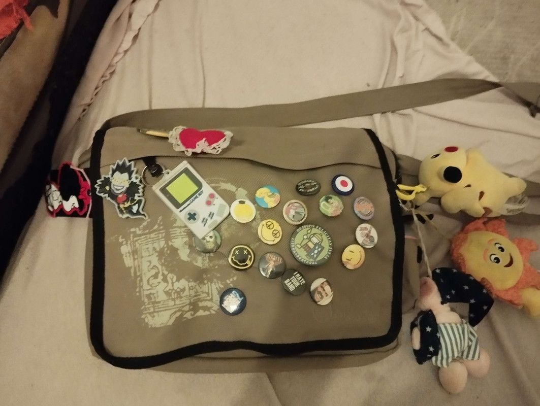 A messenger bag. It is bedazzled with various pins and has plushes attached.