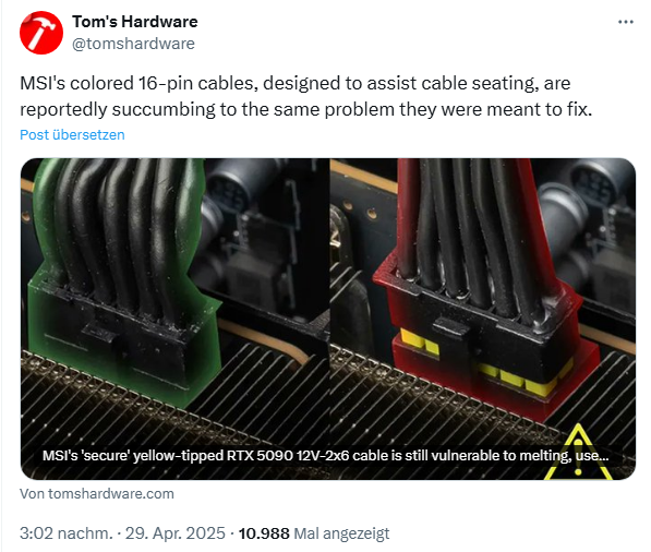 MSI RTX 5090-Grafikkarte: 12V-2×6-Kabel verschmort weiterhin
