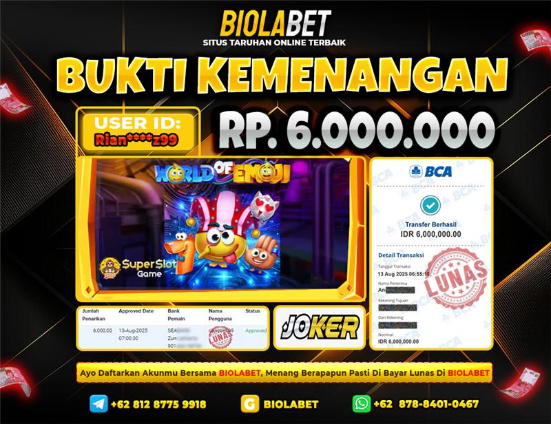 BIOLABET JACKPOT Wolrd of Emoji Rp.6.000.000.,- LUNAS