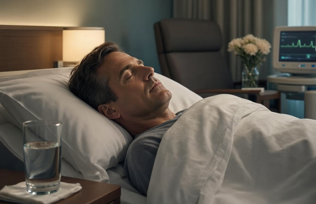 Отдыхающий пациент, стакан воды, закрытые глаза, приглушённый свет, мирный сон, восстановление