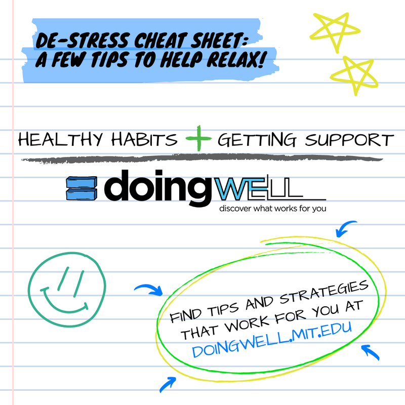 Image of notebook paper with headline De-Stress Cheat Sheet: A Few Tips To Help Relax!