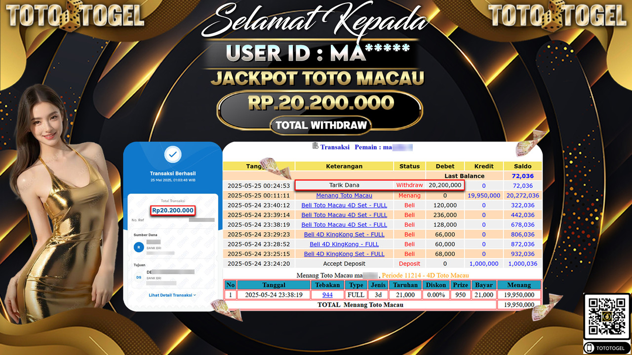 Bukti Pembayaran Jackpot Permainan Togel Toto Macau ID:MA***** LUNAS