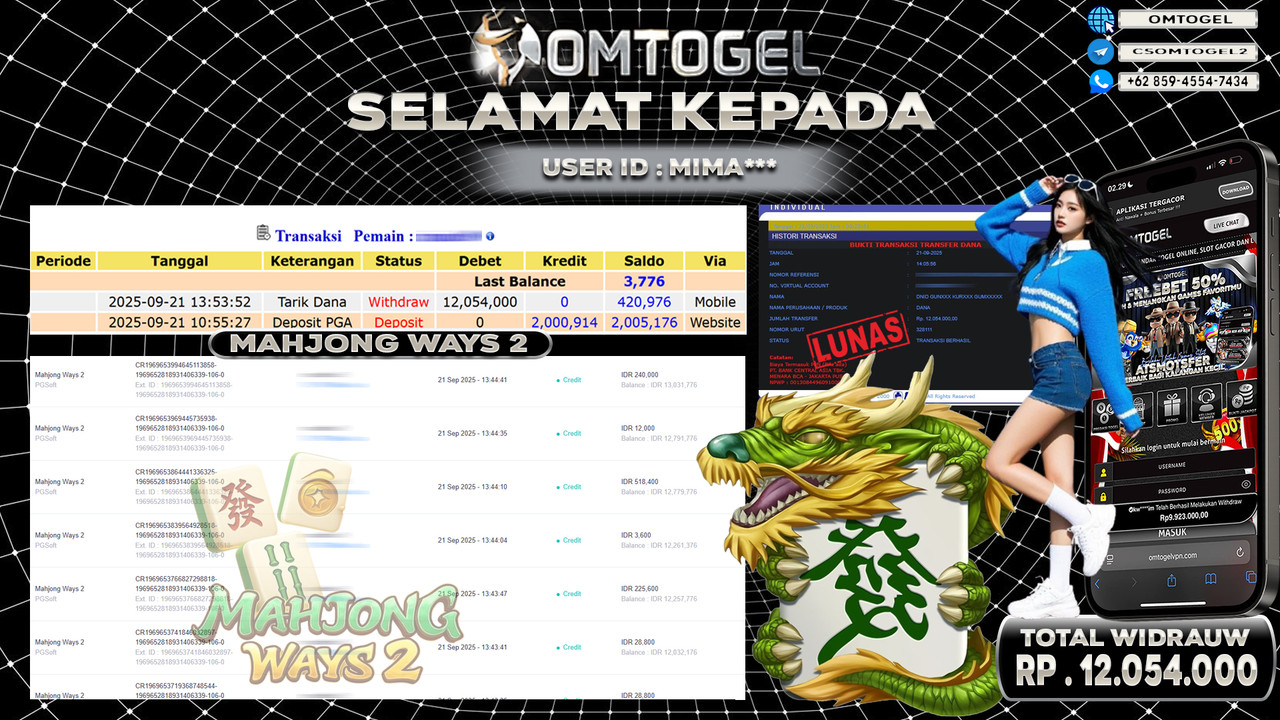 OMTOGEL JACKPOT PGSOFT MAHJONG WAYS 2 12 JUTA DI BAYAR LUNAS ,-