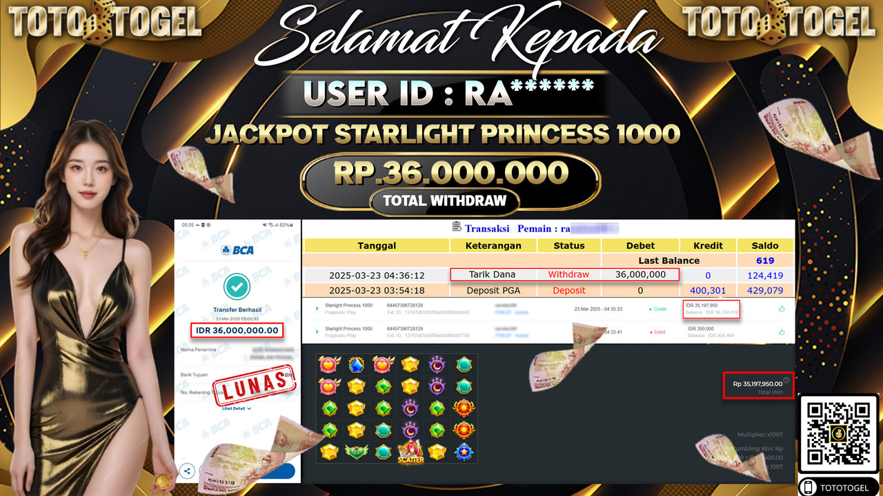 Bukti Pembayaran Jackpot  Permainan Slot Starlight Princess 1000 ID:RA**** LUNAS
