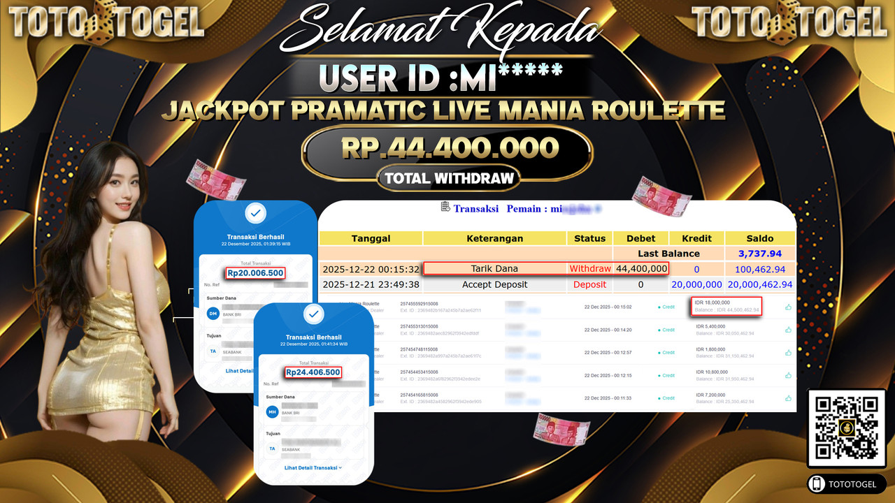 Bukti Pembayaran Jackpot Permainan Pragmatic Live Mania Roulette ID:MI**** LUNAS