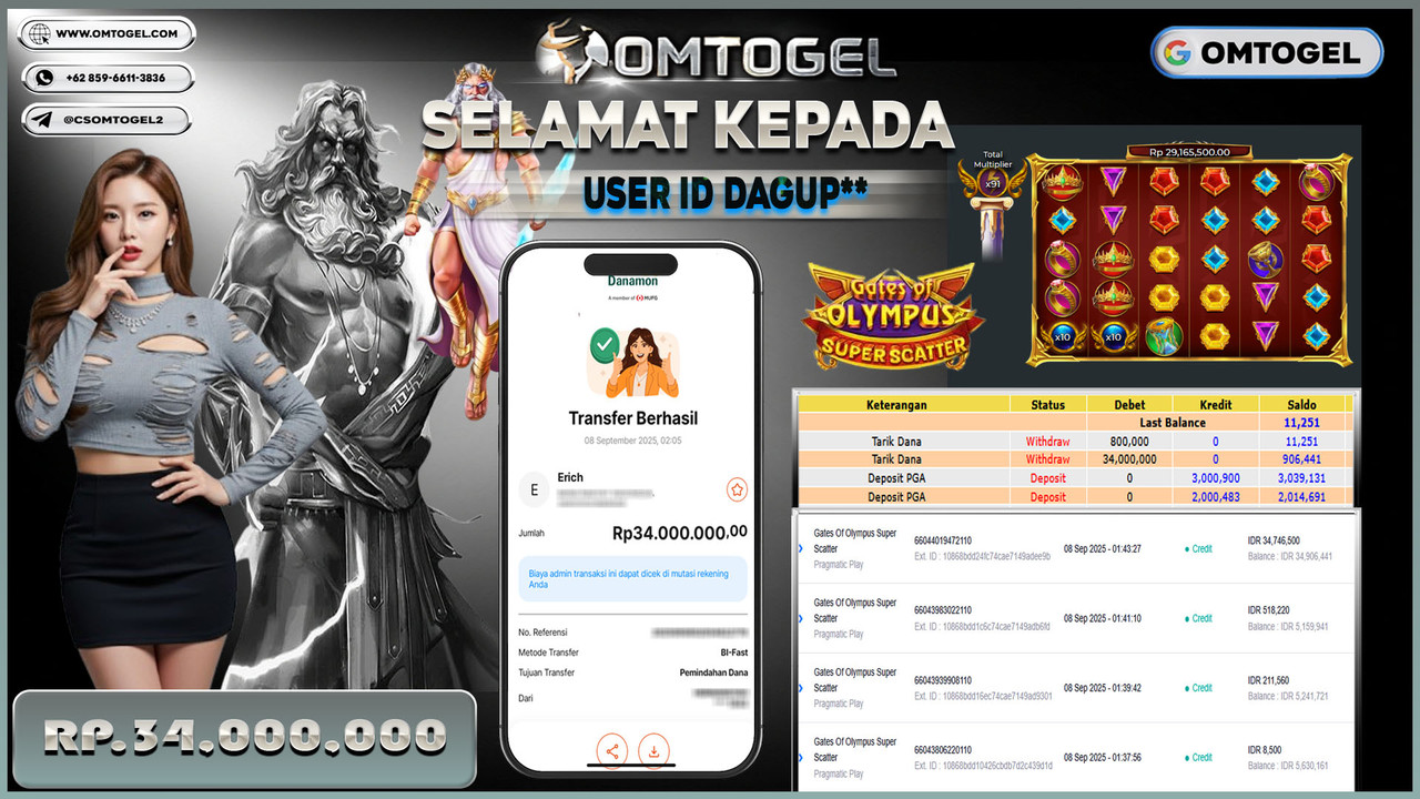 OMTOGEL JACKPOT PRAGMATIC PLAY GATES OF OLYMPUS SUPER SCATTER 34 JUTA DI BAYAR LUNAS ,-