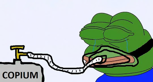 An image of a pepe frog wearing a respirator connected to a tank labelled copium.