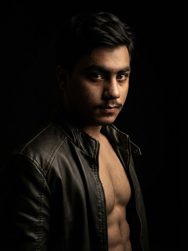 AI-generated example result for the creative-images prompt: Leather Jacket Over-Shoulder AI Portrait Prompt | Prompt Craft