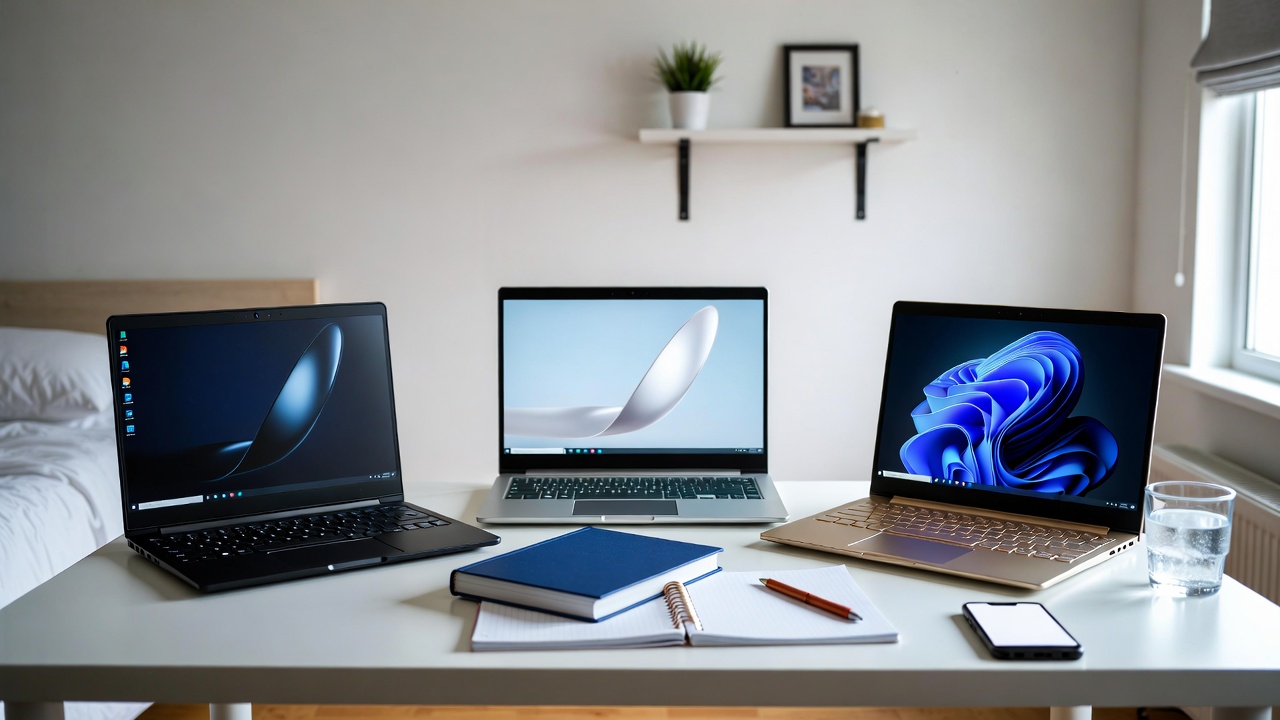 Top rated laptops for students displayed on desk with textbooks and study materials in modern dorm room