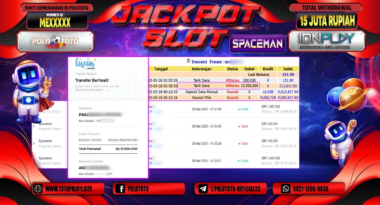 POLOTOTO JACKPOT SLOT SPACEMAN Rp.15.000.000,- LUNAS