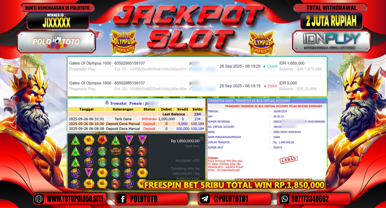 POLOTOTO JACKPOT SLOT GATES OF OLYMPUS SUPER SCATTER Rp.2.000.000,- LUNAS