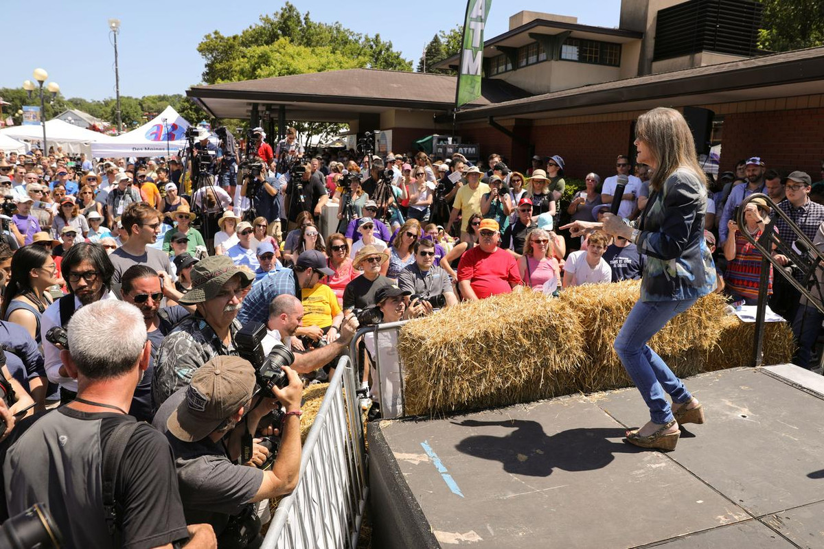 2020 Democratic U.S. presidential candidate Marianne Williamson speaking at the Iowa State Fair in Des Moines, Iowa