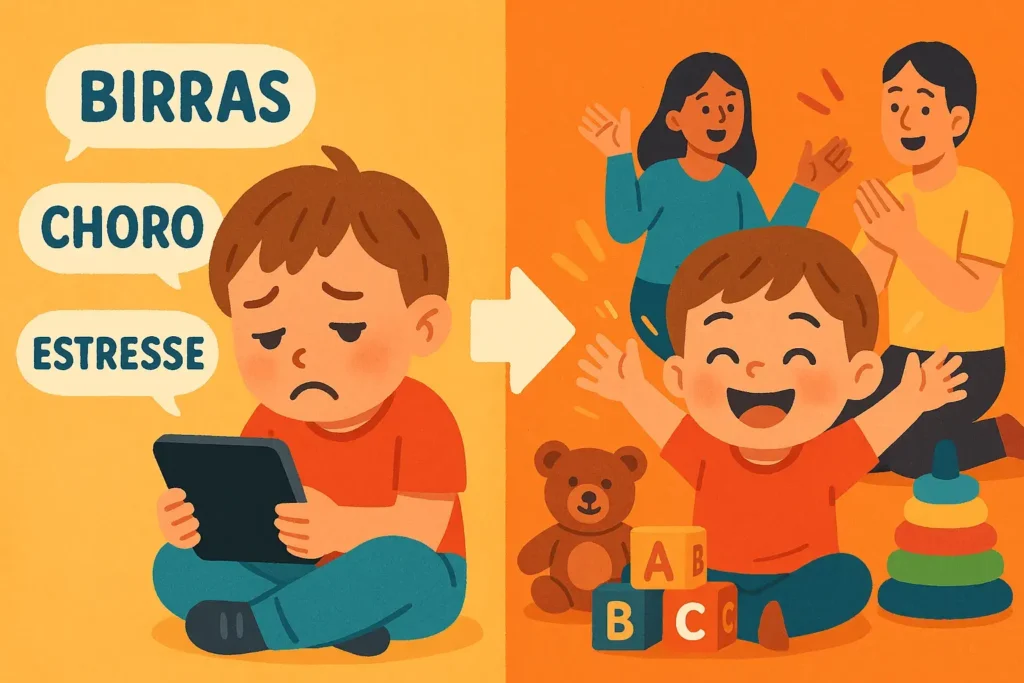 Antes e Depois PlaySpark: Criança com birra versus criança feliz brincando