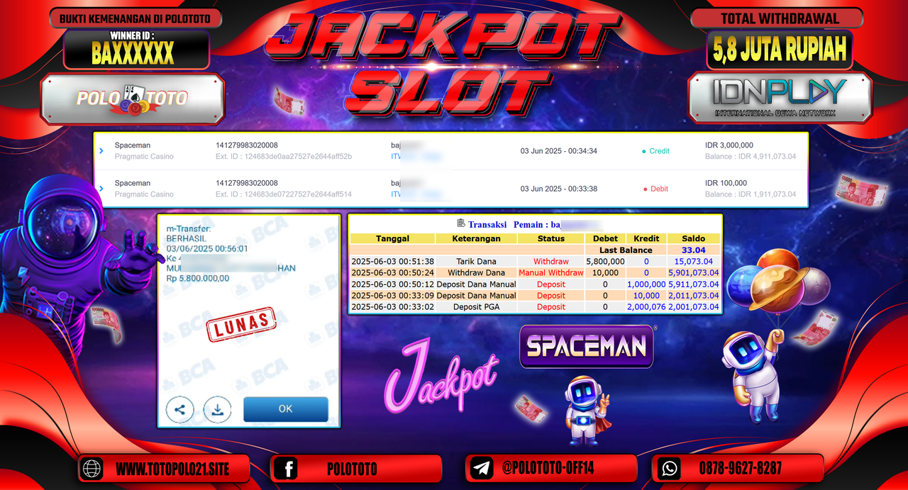POLOTOTO JACKPOT SLOT SPACEMAN Rp.5.800.000,-