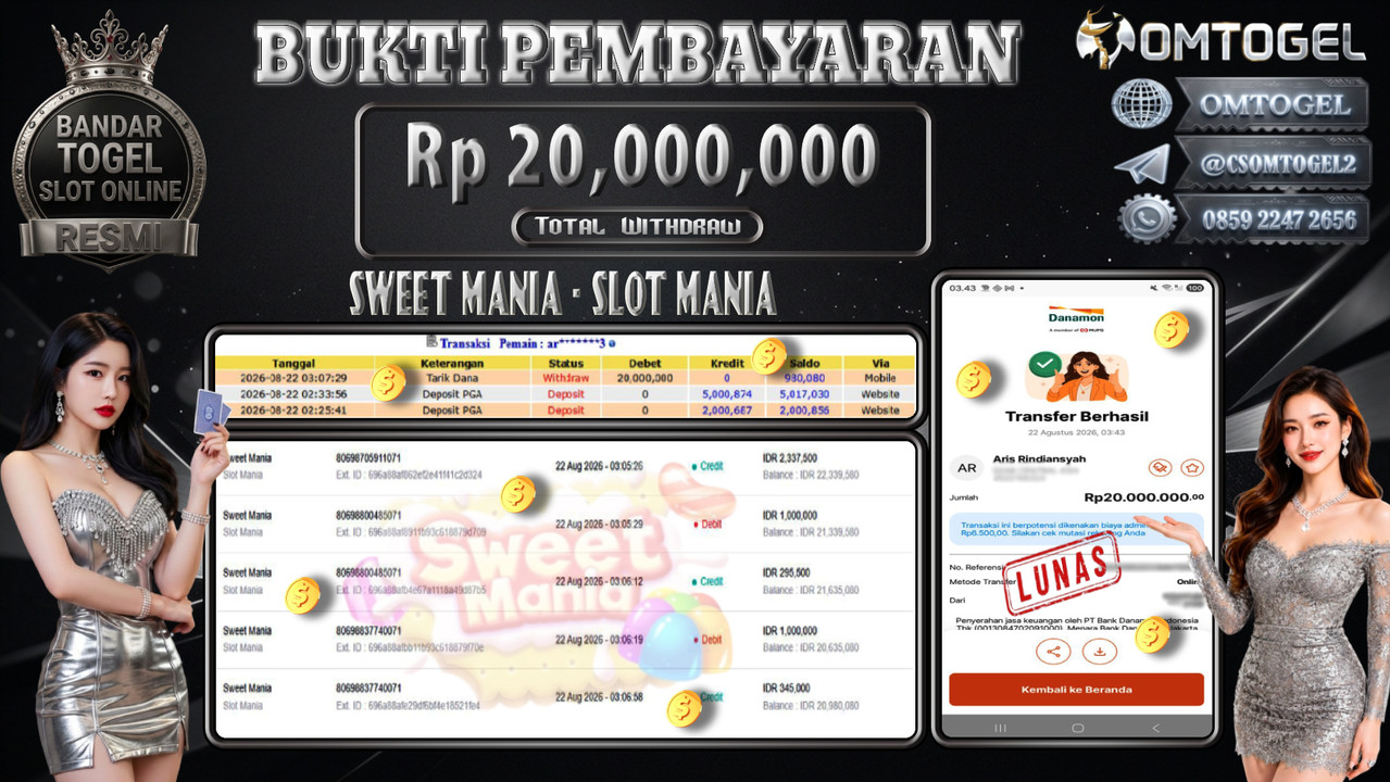 OMTOGEL JACKPOT SLOT MANIA SWEET MANIA Rp,20,000,000,- DIBAYAR LUNAS