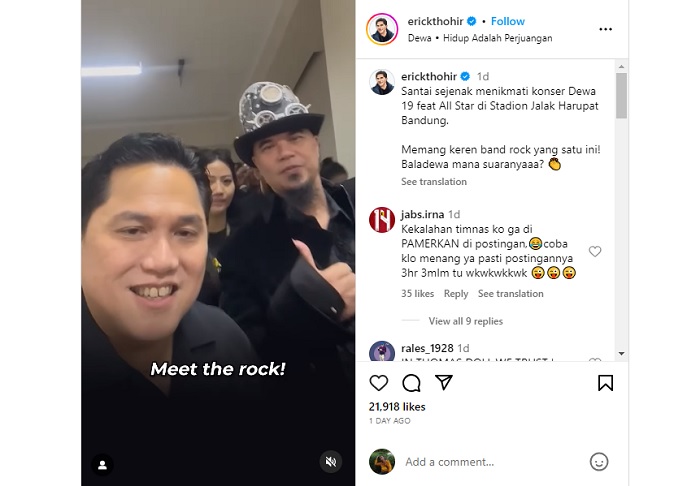 Sebelum bertolak ke Jepang, ternyata Erick Thohir menyempatkan diri untuk menonton konser Dewa 19 di Bandung terlebih dahulu.