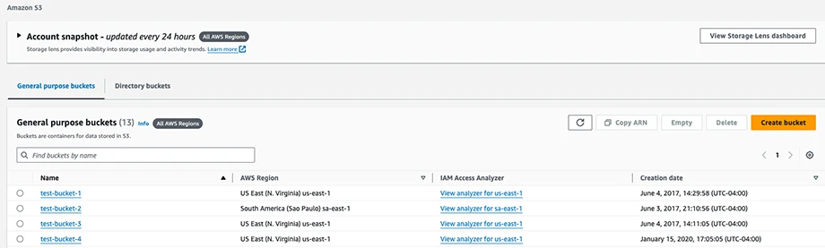 List of buckets table view in AWS S3