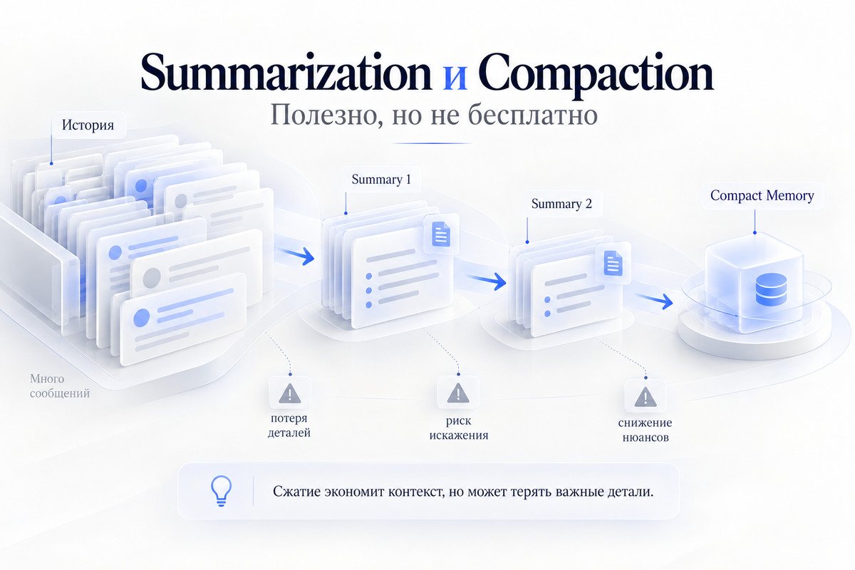 Summarization и Compaction истории ИИ-агента: последовательное сжатие контекста и риск потери деталей