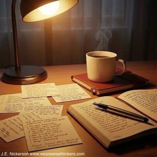 A cozy writer’s desk with a notebook, pen, and soft evening light, suggesting quiet focus and storytelling.
