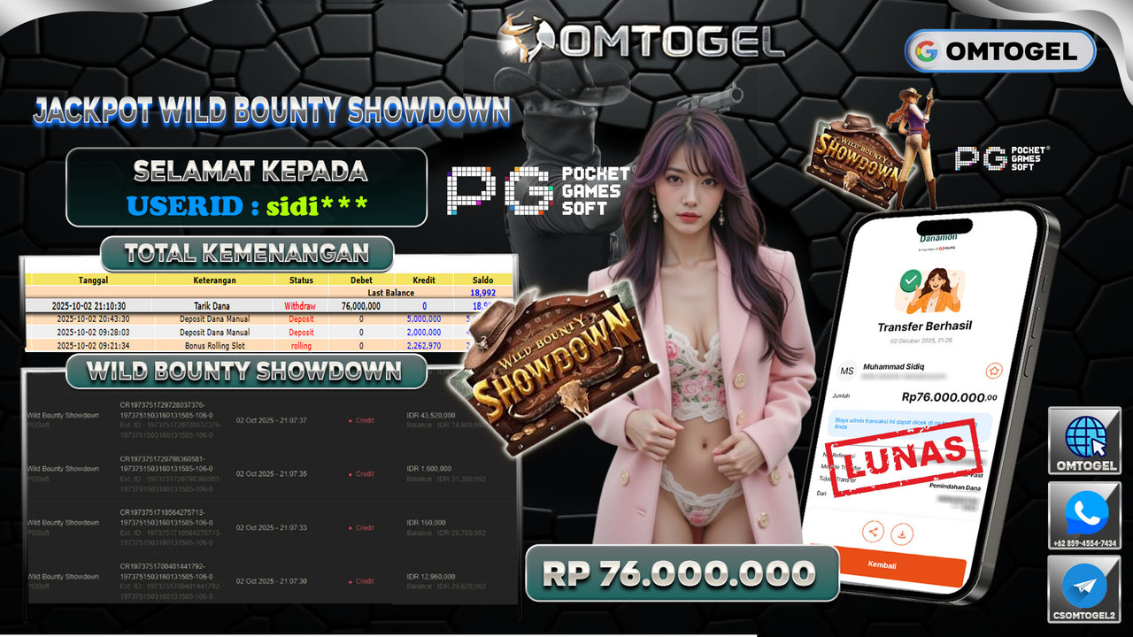OMTOGEL JACKPOT PGSOFT WILD BOUNTY SHOWDOWN 76 JUTA DI BAYAR LUNAS ,-