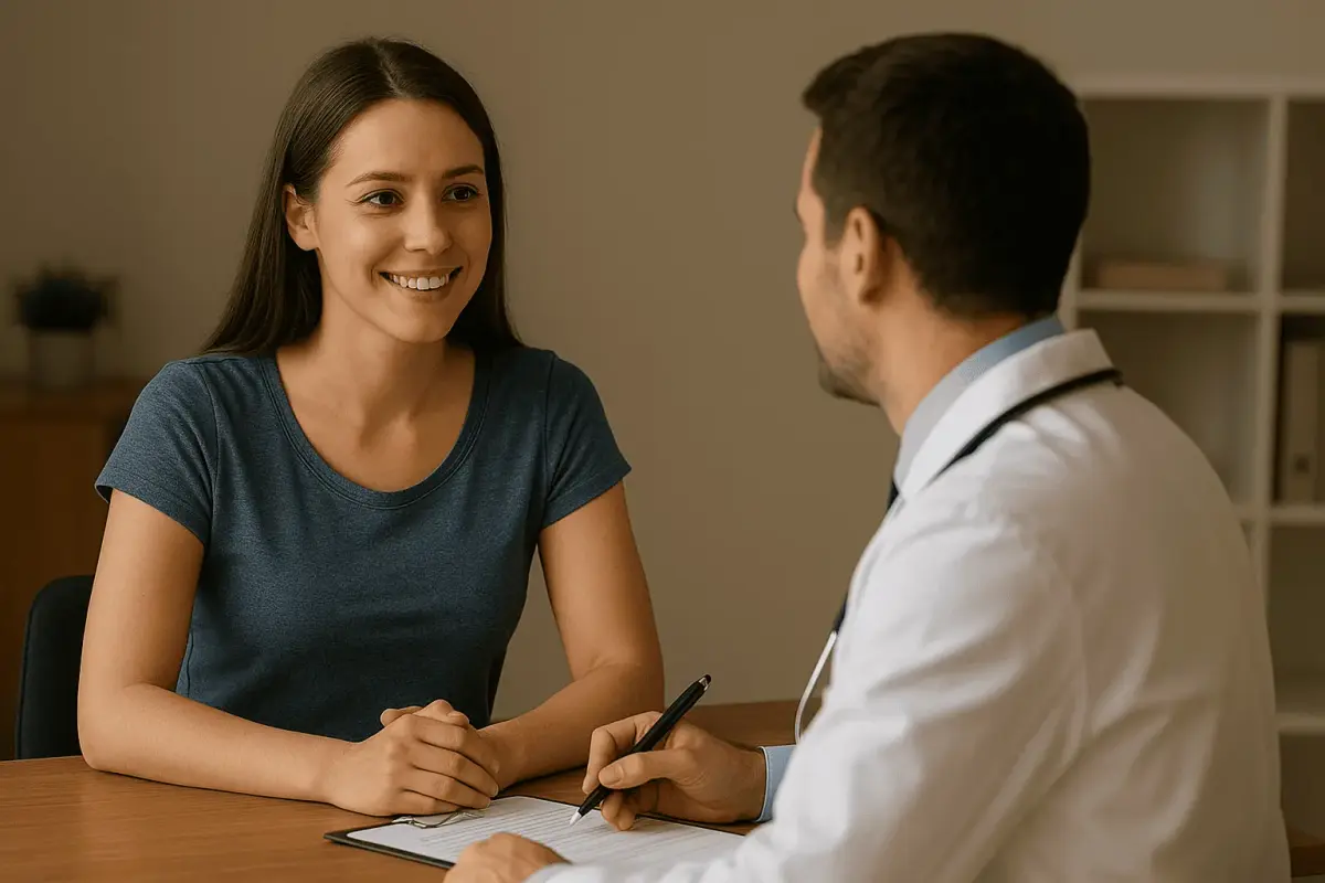 Doctor with stethoscope talking to patient, faces visible, medium lighting