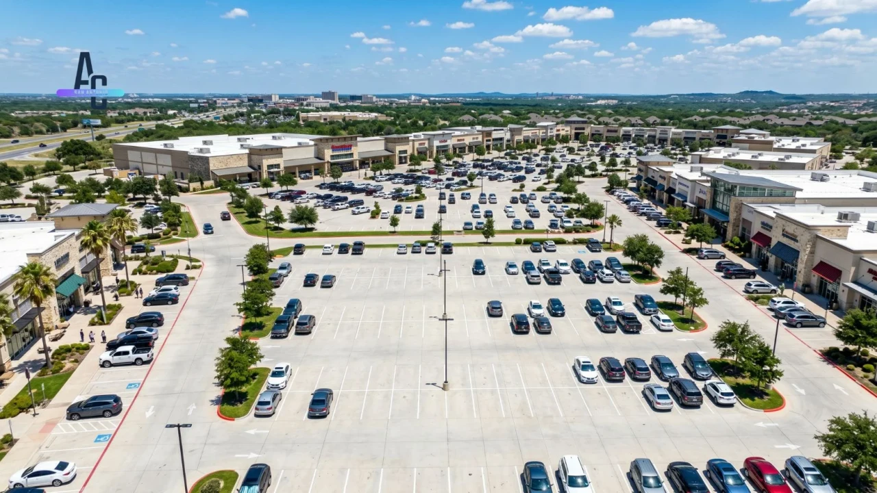 Commercial concrete parking lot at a San Antonio retail center