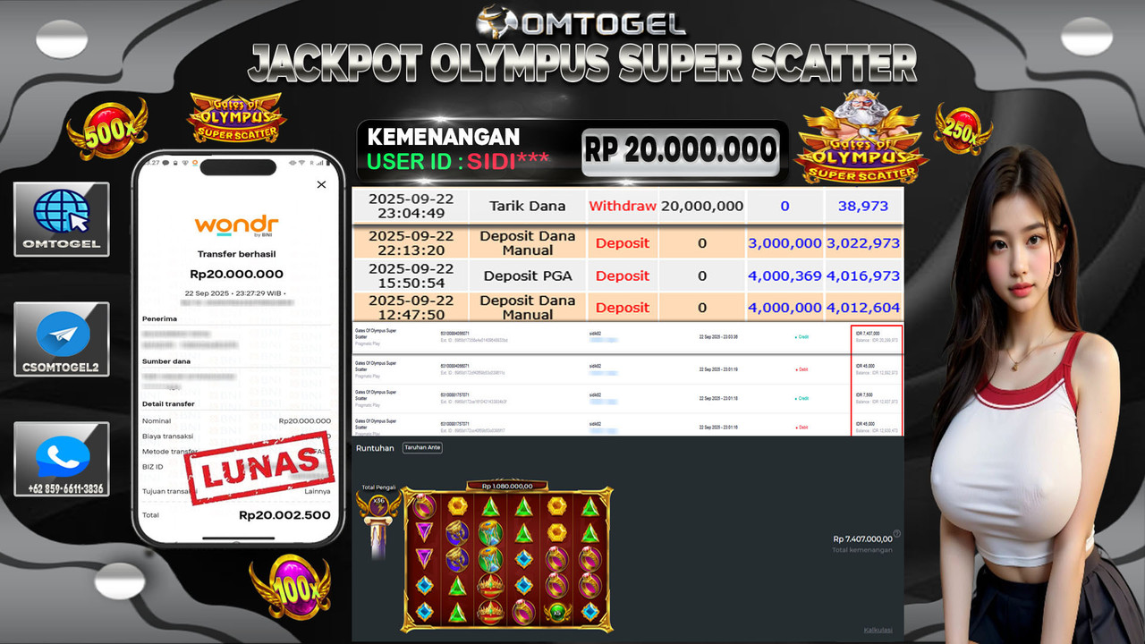 OMTOGEL JACKPOT PRAGMATIC PLAY GATES OF OLYMPUS SUPER SCATTER 20 JUTA DI BAYAR LUNAS ,-