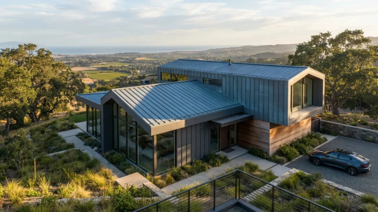 Zinc standing seam metal roof showing characteristic blue-grey patina on modern residential building