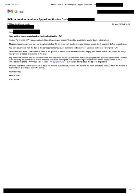 Gmail - POPLA - Action required - Appeal Verification Code 3761055016