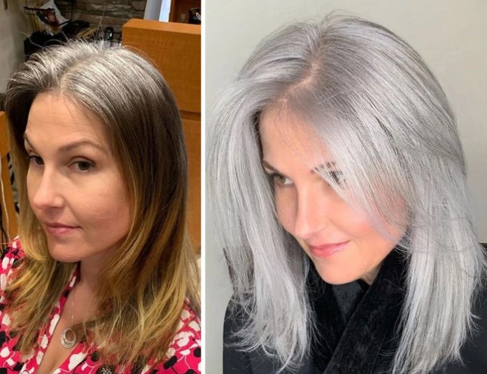 Gray hair makeover to silver blonde