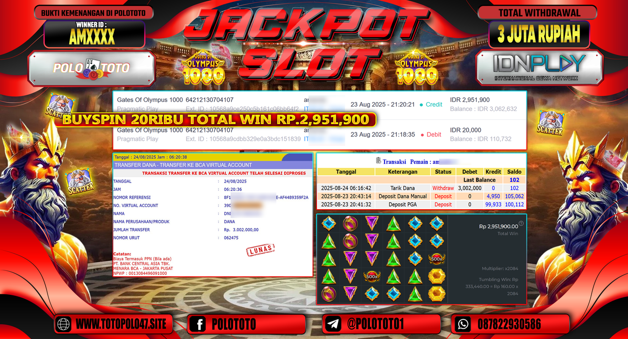 POLOTOTO JACKPOT SLOT GATES OF OLYMPUS 1000 Rp.3.002.000,-