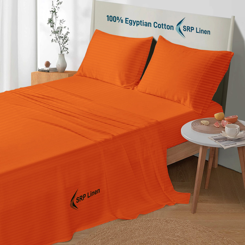 Picture of 600 Thread Count 4 Piece Quality Sheet Set 18 Inch Deep Pocket 100% Egyptian Cotton Color Orange Stripe Size Twin
