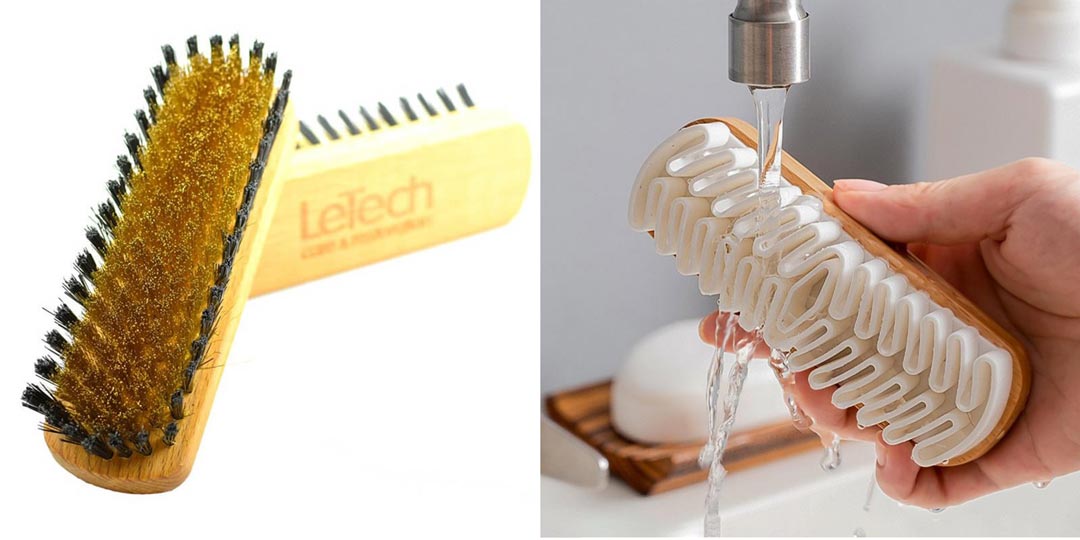 Женщина чистит меховые варежки мягкой щеткой дома